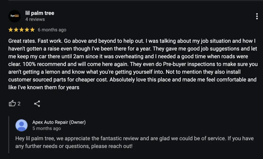 Apex Auto Repair, a RepairPal Certified shop, proudly showcases customer reviews and responds to each one to ensure every customer feels heard and valued.